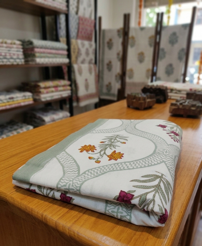 Ivory Bloom - Block Print Cotton Bedsheet | King Size | 100*108 Inches (8.3 X 9 ft) | 2 Reversible Pillow Covers | Dispatch Time 24 hours |
