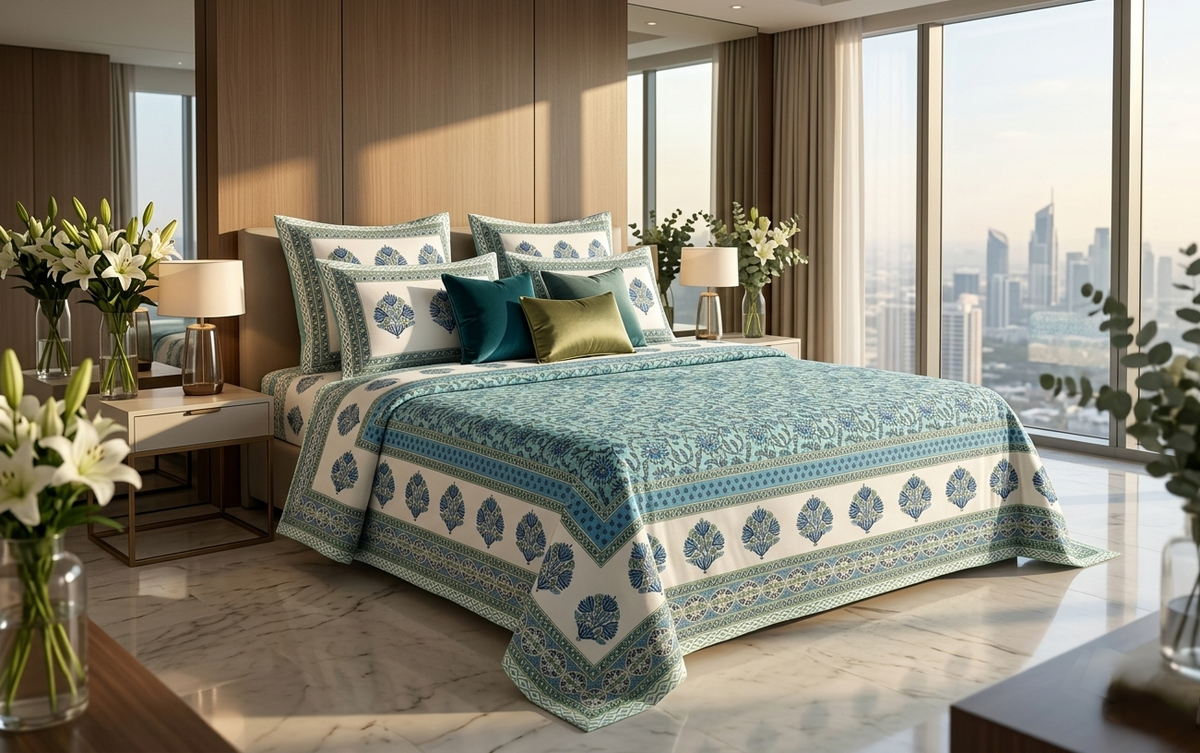 Blue Sandal - Block Print Cotton Bedsheet | King Size | 100*108 Inches (8.3 X 9 ft) | 2 Reversible Pillow Covers | Dispatch Time 24 hours |