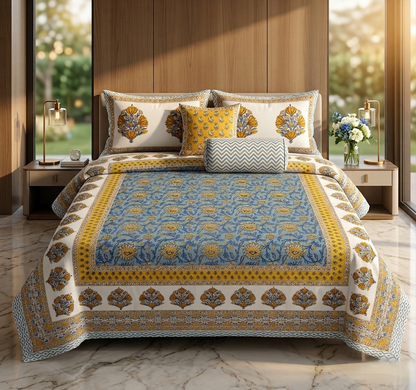 Indigo Sunhera - Block Print Cotton Bedsheet | King Size | 100*108 Inches (8.3 X 9 ft) | 2 Reversible Pillow Covers | Dispatch Time 24 hours |